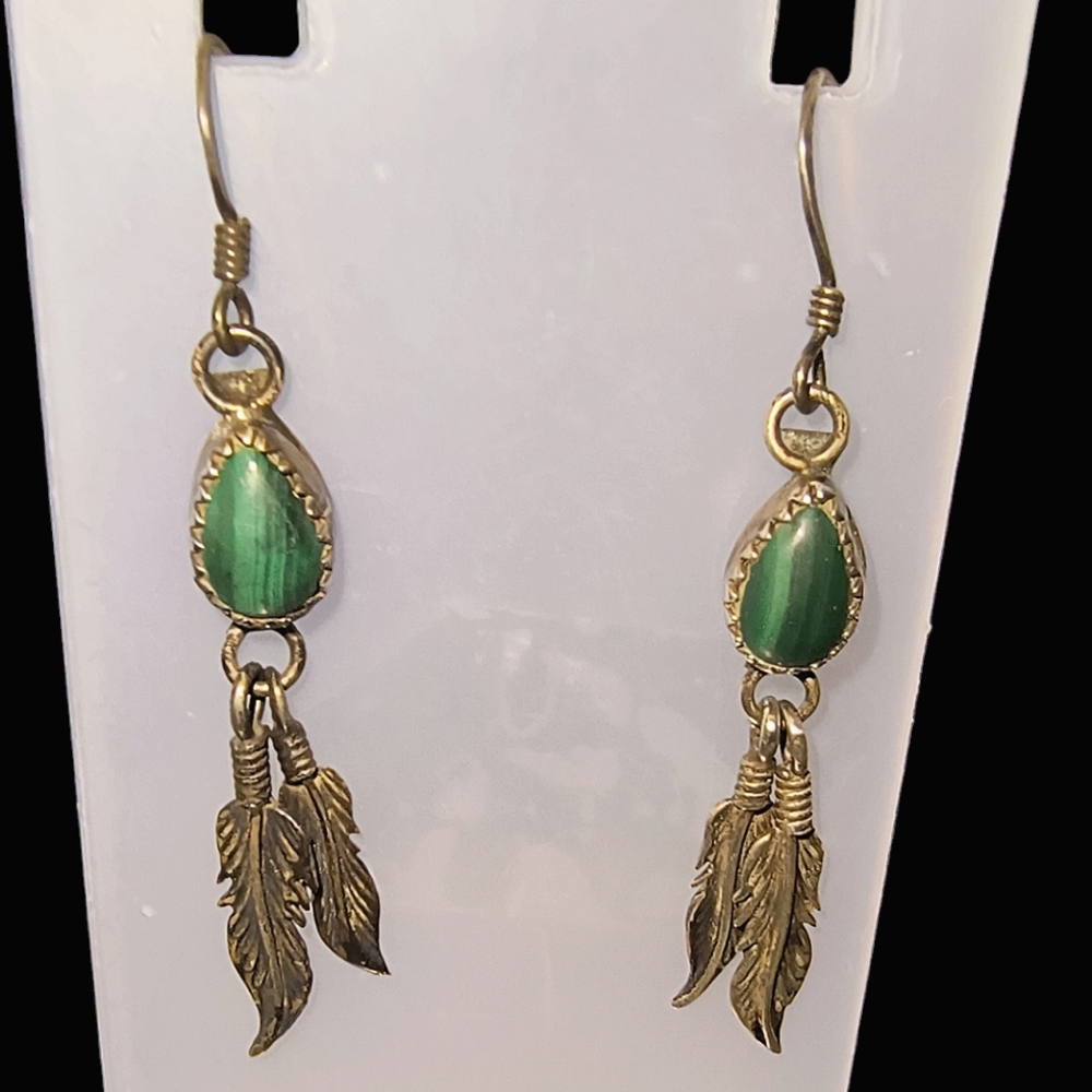 Vintage Running Bear Native American Malachite & Sterling Silver Earrings
